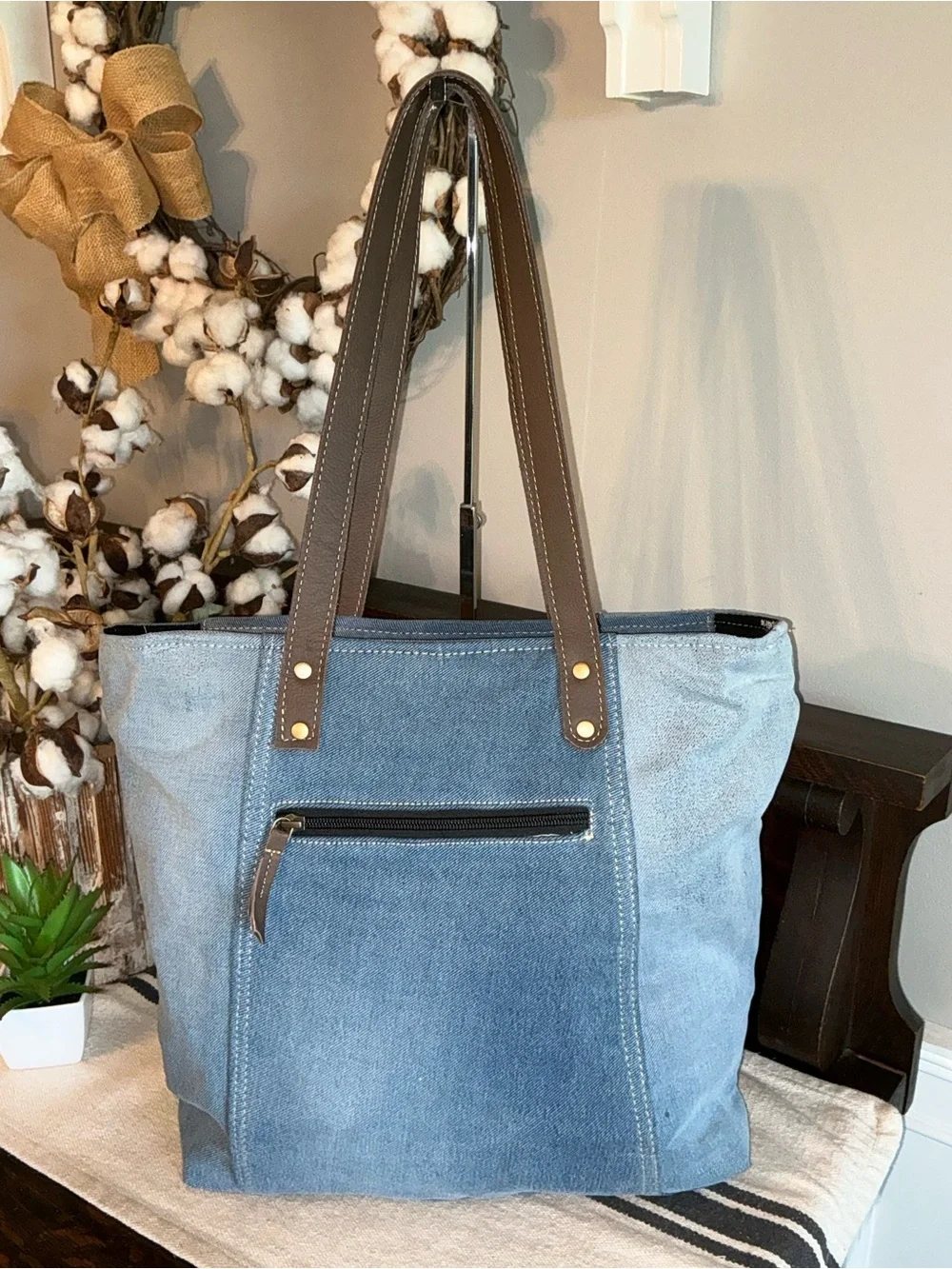 NWT Myra Bag Ashley Adventure Upcycled Blue Denim Shoulder Tote Bag MSRP $65